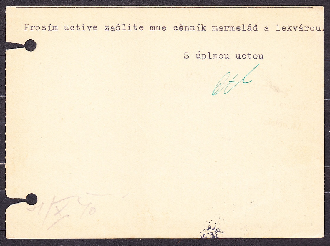 SLOVENSKÝ ŠTÁT 1940, poštový lístok. OBCHOD S MIEŠANÝM TOVAROM A MÚKOU - HLOHOVEC.