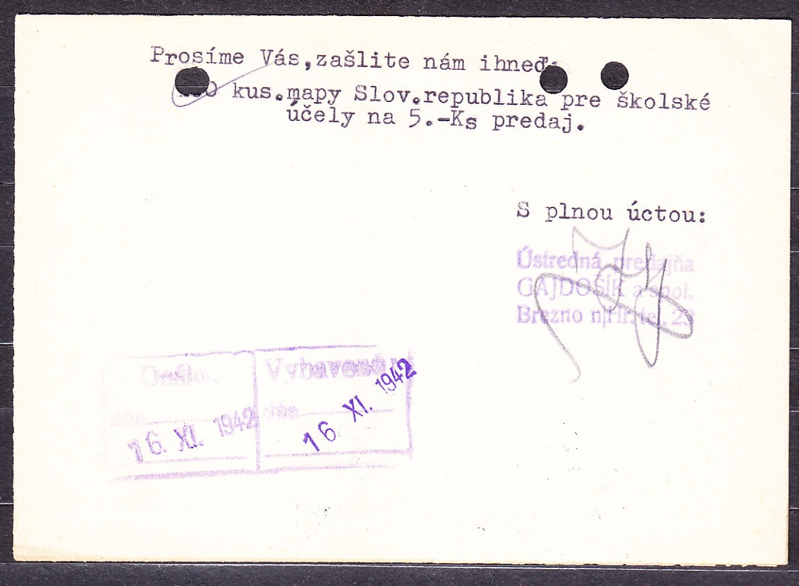 SLOVENSKÝ ŠTÁT 1942, poštový lístok. OBCHOD S MIEŠANÝM TOVAROM, ÚSTREDNÁ PREDAJŇA GAJDOŠÍK A SPOL. - BREZNO.