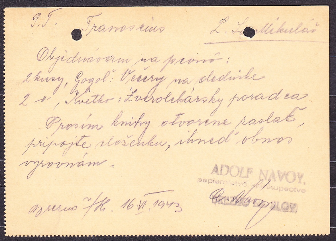 SLOVENSKÝ ŠTÁT 1943, poštový lístok. PAPIERNICTVO A KNÍHKUPECTVO ADOLF NÁVOY - BREZNO.