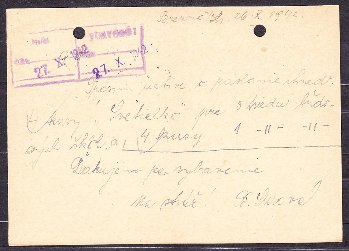 SLOVENSKÝ ŠTÁT 1942, poštový lístok. OBCHOD S PAPIEROM A KNIHAMI TATRAN, B. SUROVÁ - BREZNO.