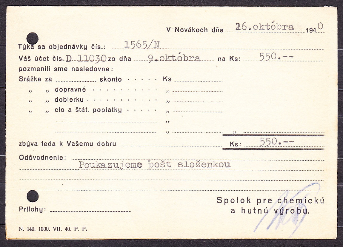 SLOVENSKÝ ŠTÁT 1940, poštový lístok. SPOLOK PRE CHEMICKÚ A HUTNÚ VÝROBU - NOVÁKY.