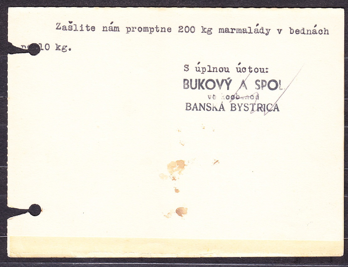 SLOVENSKÝ ŠTÁT 1940, poštový lístok. VEĽKOOBCHOD BUKOVÝ A SPOL. - BANSKÁ BYSTRICA.