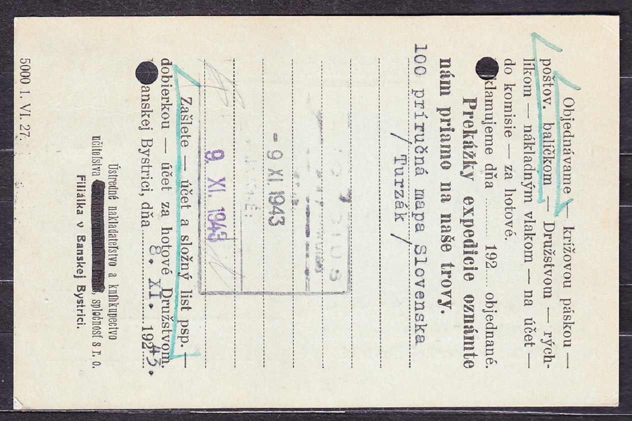 SLOVENSKÝ ŠTÁT 1943, poštový lístok. UČITEĽSKÉ NAKLADATEĽSTVO A KNÍHKUPECTVO - BANSKÁ BYSTRICA.