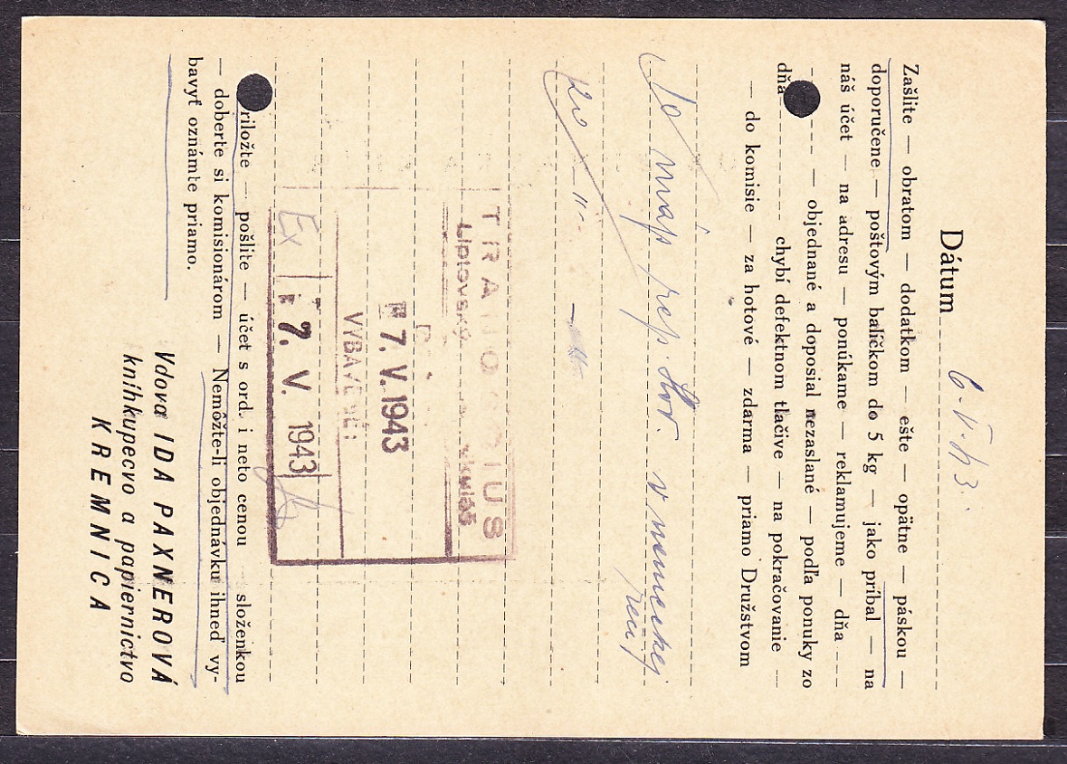 SLOVENSKÝ ŠTÁT 1943, poštový lístok. KNÍHKUPECTVO A PAPIERNICTVO, VDOVA IDA PAXNEROVÁ - KREMNICA.