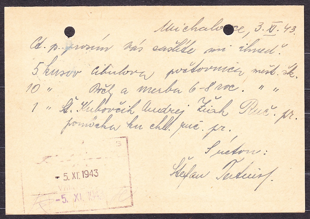 SLOVENSKÝ ŠTÁT 1943, poštový lístok. KNÍHKUPECTVO, PAPIERNICTVO, ŠTEFAN TERTINSKÝ - MICHALOVCE.