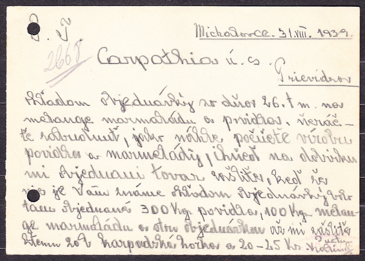 SLOVENSKÝ ŠTÁT 1939, poštový lístok. OBCHOD S KOLONIÁLNYM TOVAROM A LAHODKÁREŇ - MICHALOVCE.