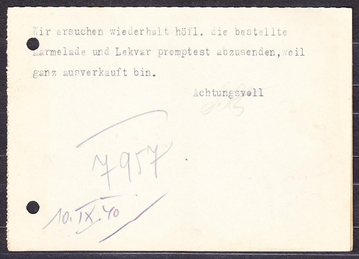 SLOVENSKÝ ŠTÁT 1940, poštový lístok. OBCHOD S MIEŠANÝM A KOLONIÁLNYM TOVAROM, PARNÁ PEKÁREŇ, JAKUB SCHNITZER A SPOL. - SABINOV.