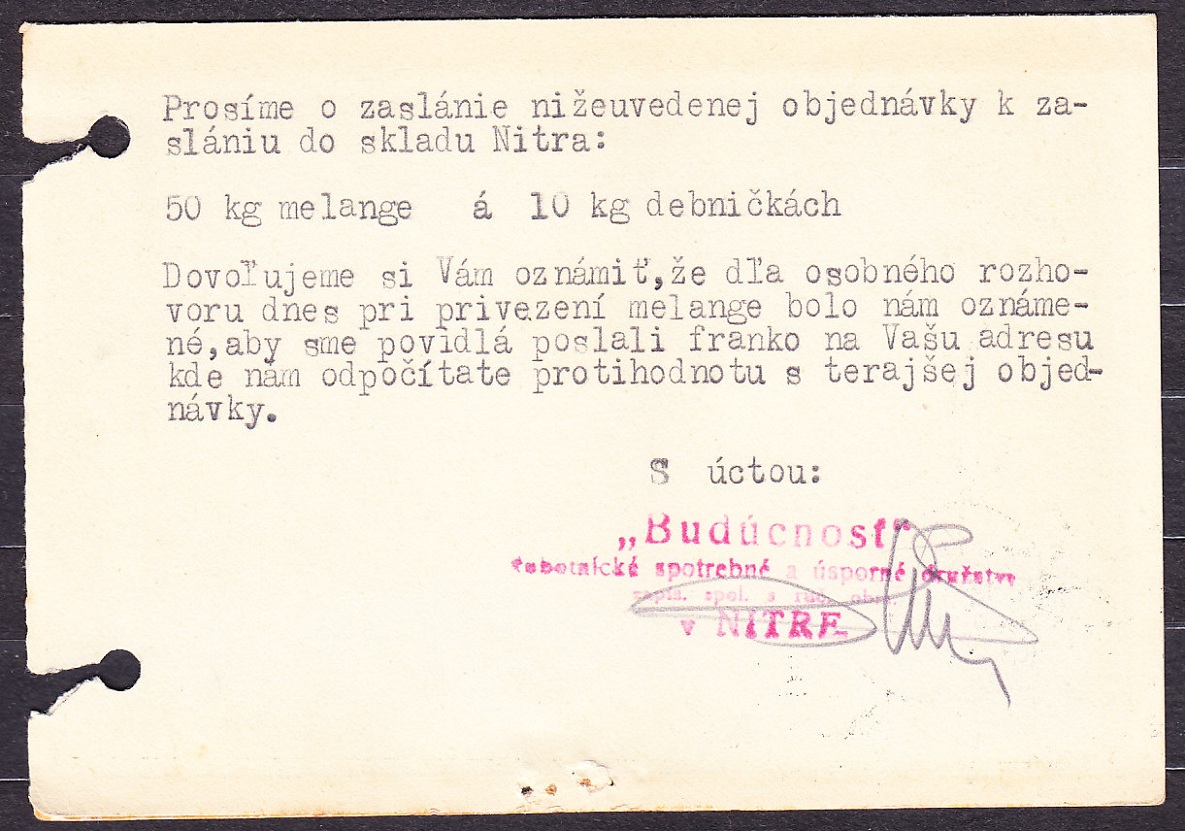 SLOVENSKÝ ŠTÁT 1940, poštový lístok. BUDÚCNOSŤ - ROBOTNÍCKE SPOTREBNÉ A ÚSPORNÉ DRUŽSTVO - NITRA.