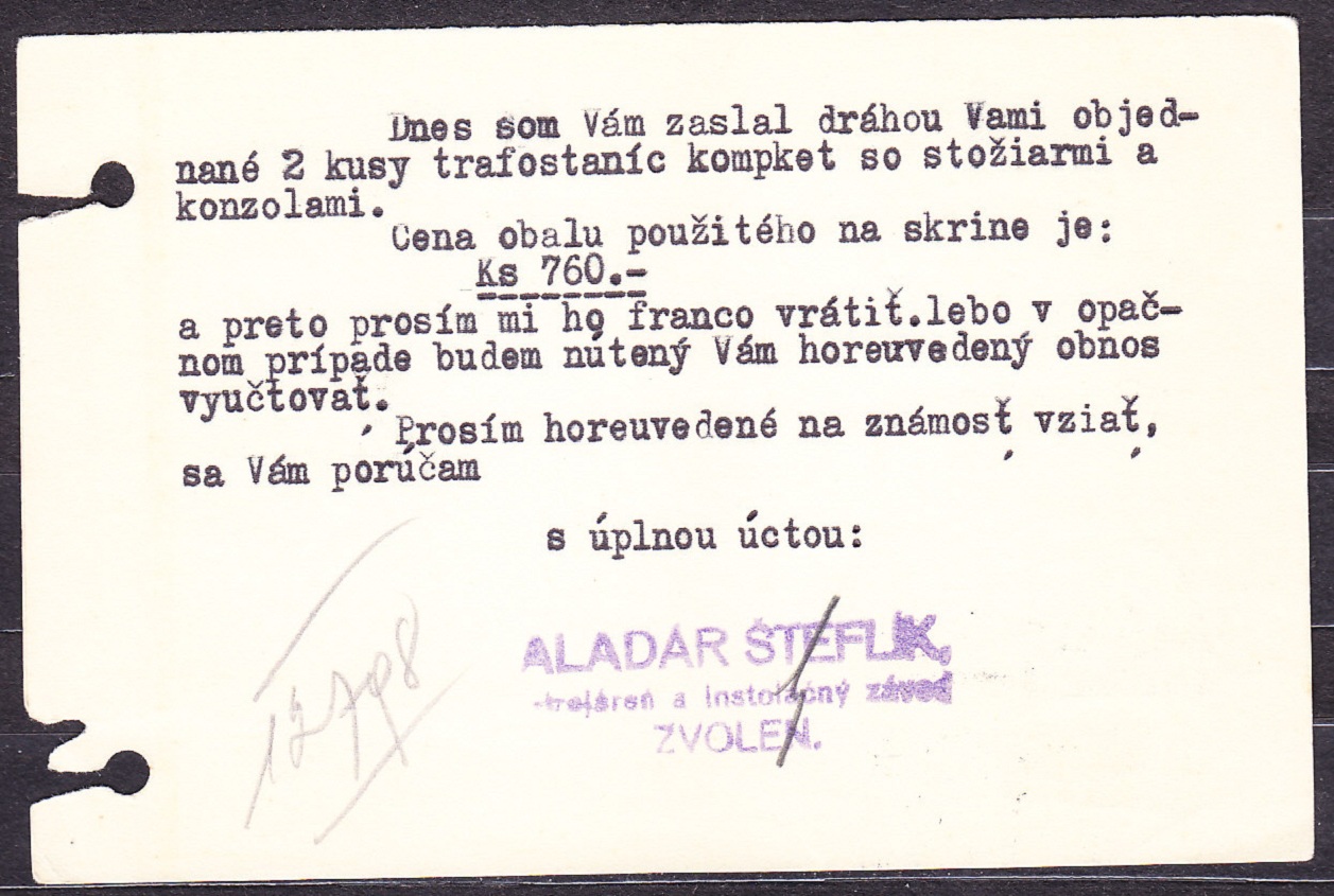 SLOVENSKÝ ŠTÁT 1940, poštový lístok. STROJÁREŇ, INŠTALAČNÝ ZÁVOD, ALADÁR ŠTEFLÍK - ZVOLEN.