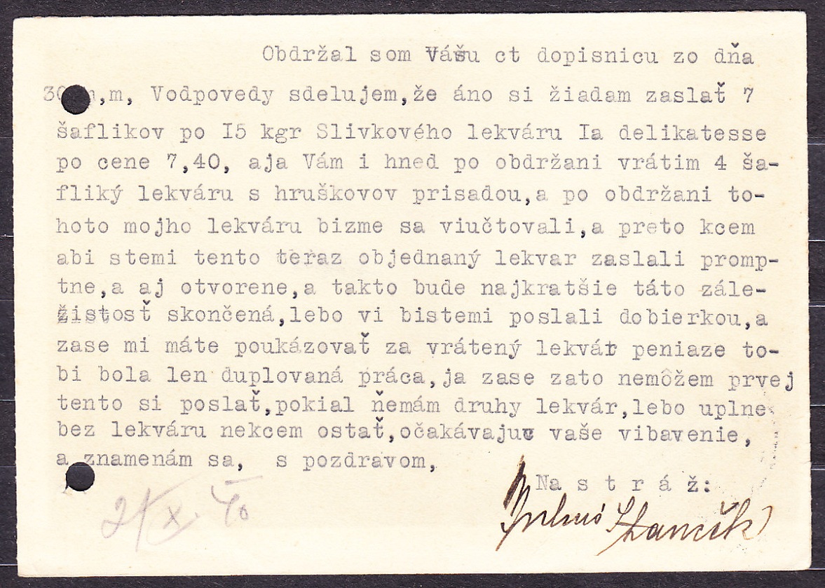 SLOVENSKÝ ŠTÁT 1940, poštový lístok. OBCHOD S MIEŠANÝM TOVAROM A MÚKOU, JULIUS STANČEK - ZVOLEN.