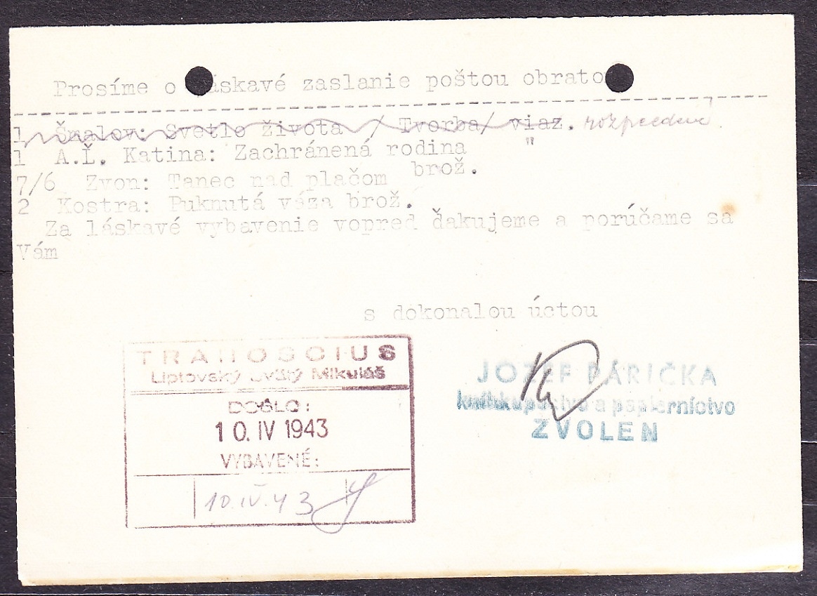 SLOVENSKÝ ŠTÁT 1943, poštový lístok. SKLAD KANCELÁRSKYCH A ŠKOLSKÝCH POTRIEB, JOZEF PÁRIČKA - ZVOLEN.