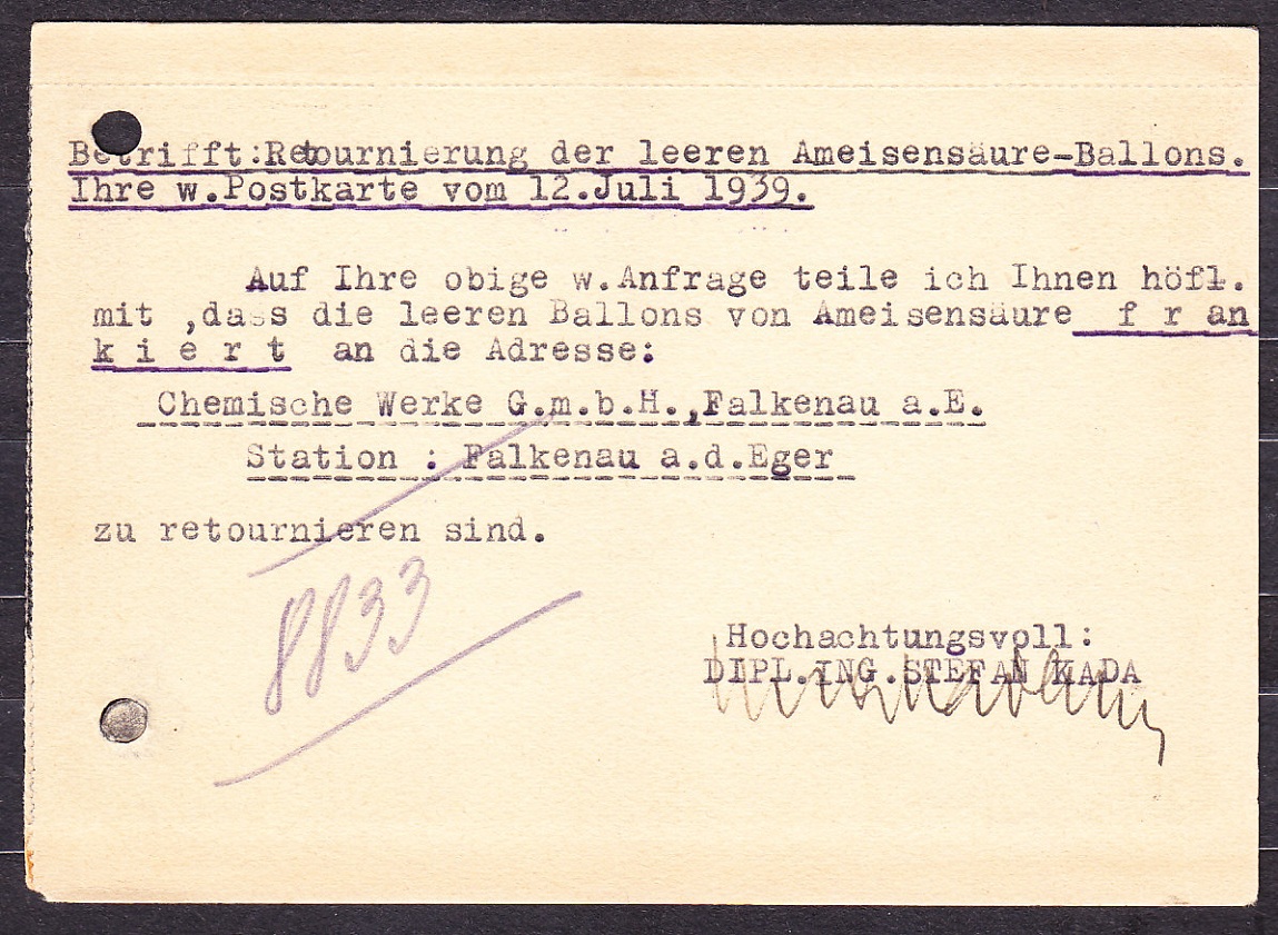 SLOVENSKÝ ŠTÁT 1939, poštový lístok. KOMERČNÝ CHEMIK, DIPL. ING. STEPHAN KADA - ŽILINA.