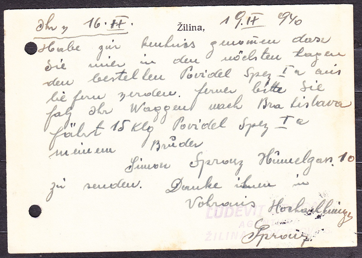 SLOVENSKÝ ŠTÁT 1940, poštový lístok. VÝROBA SKLA A FĽAŠIEK, ĽUDEVIT SPRONZ - ŽILINA.