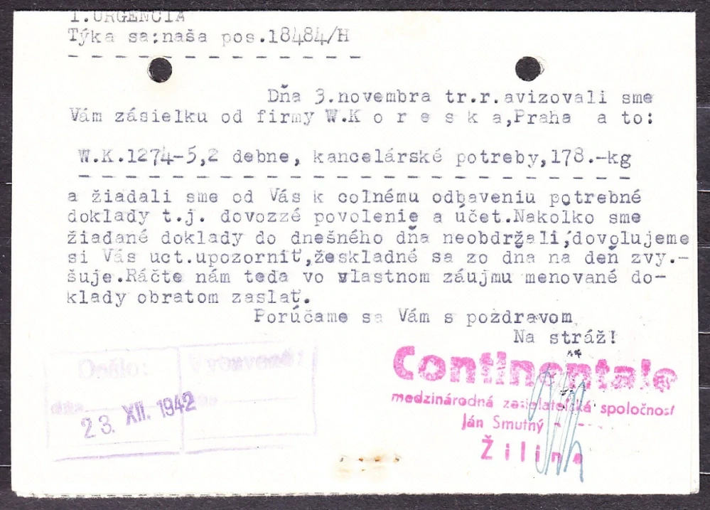 SLOVENSKÝ ŠTÁT 1942, poštový lístok. CONTINENTALE, MEDZINÁRODNÁ ZASIELATEĽSKÁ SPOLOČNOSŤ, JÁN SMUTNÝ A SPOL. - ŽILINA. ARIZÁTOR !