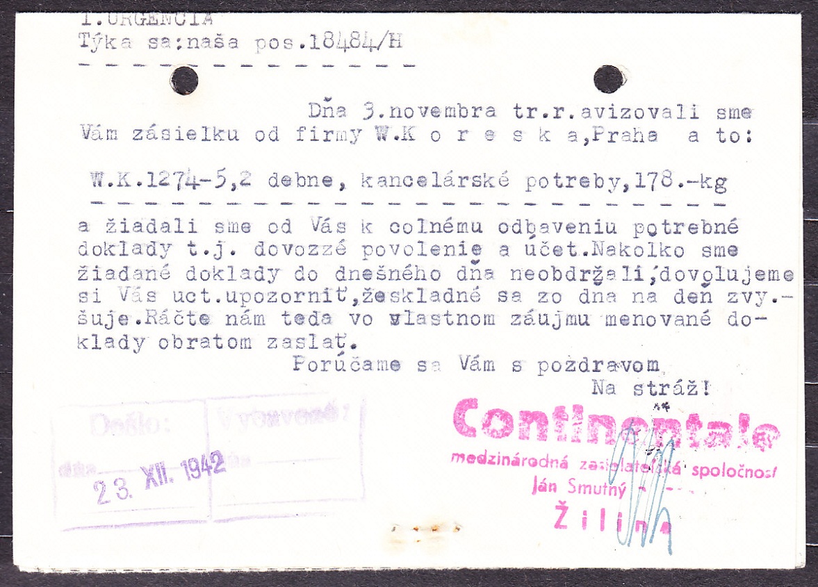 SLOVENSKÝ ŠTÁT 1942, poštový lístok. CONTINENTALE, MEDZINÁRODNÁ ZASIELATEĽSKÁ SPOLOČNOSŤ, JÁN SMUTNÝ A SPOL. - ŽILINA.