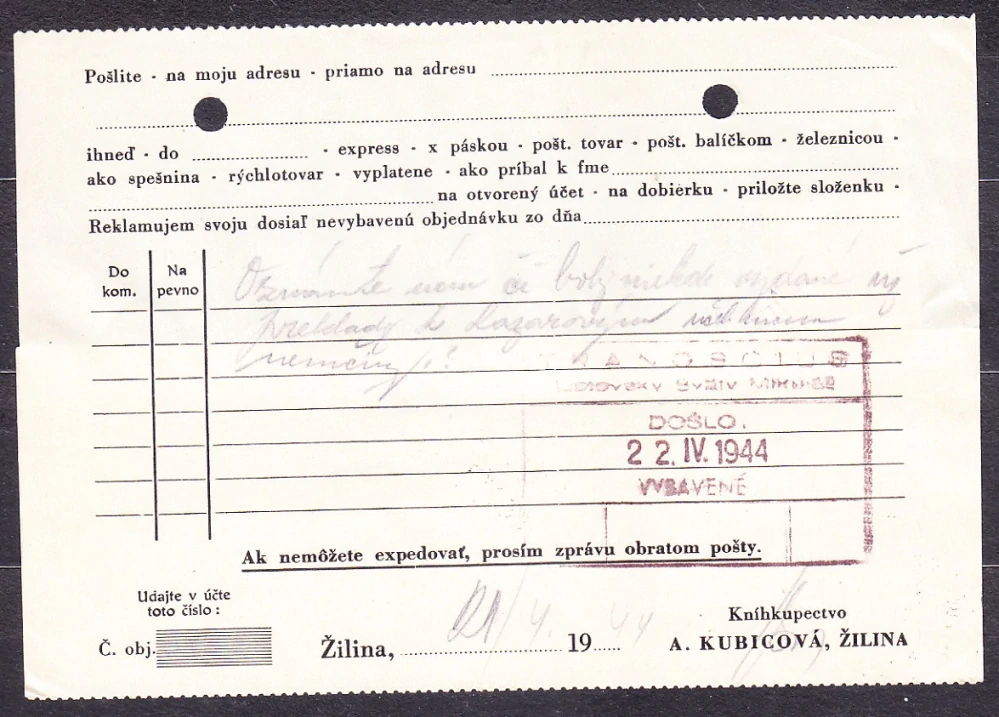SLOVENSKÝ ŠTÁT 1944, poštový lístok. KNÍHKUPECTVO, A. KUBICOVÁ - ŽILINA. ARIZÁTORKA !