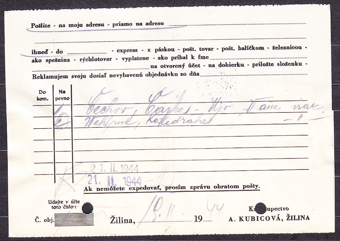 SLOVENSKÝ ŠTÁT 1944, poštový lístok. KNÍHKUPECTVO, A. KUBICOVÁ - ŽILINA.