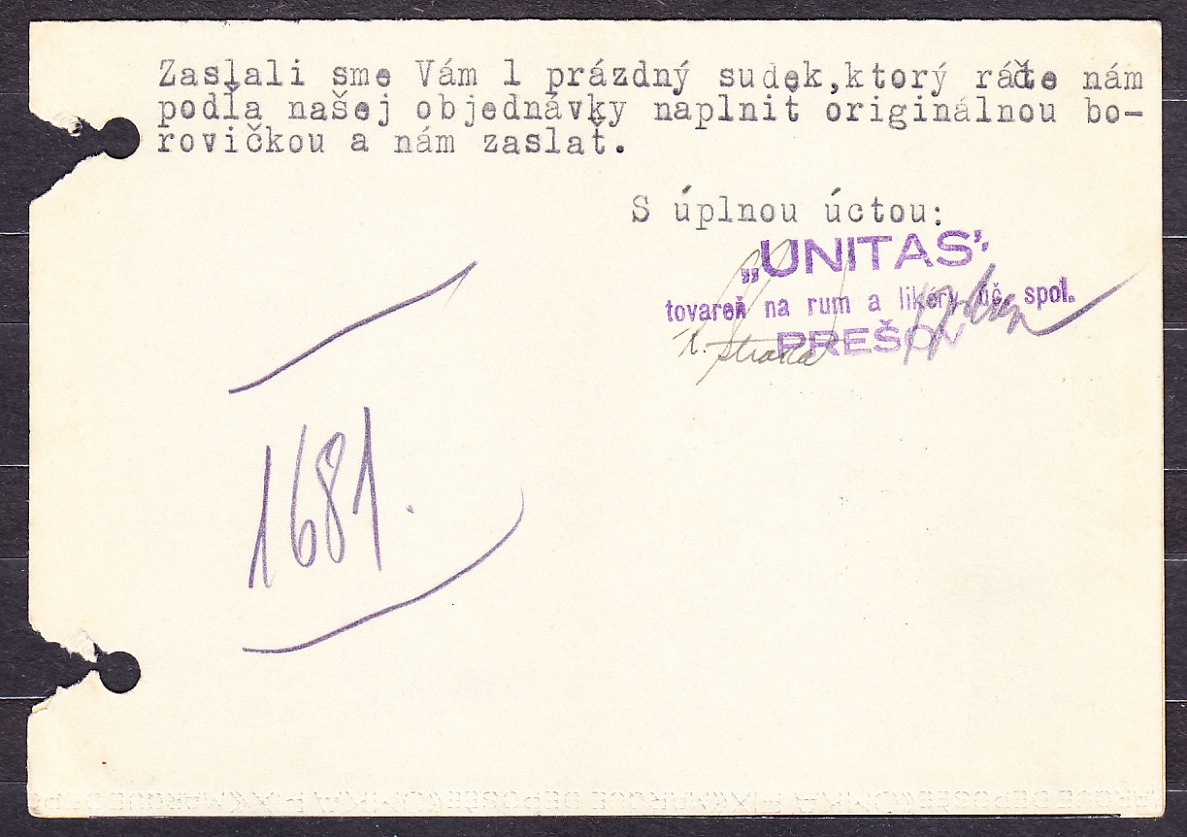 SLOVENSKÝ ŠTÁT 1940, poštový lístok. TOVÁREŇ NA RUM A LIKÉRY, UNITAS ÚČ. SPOL. - PREŠOV.