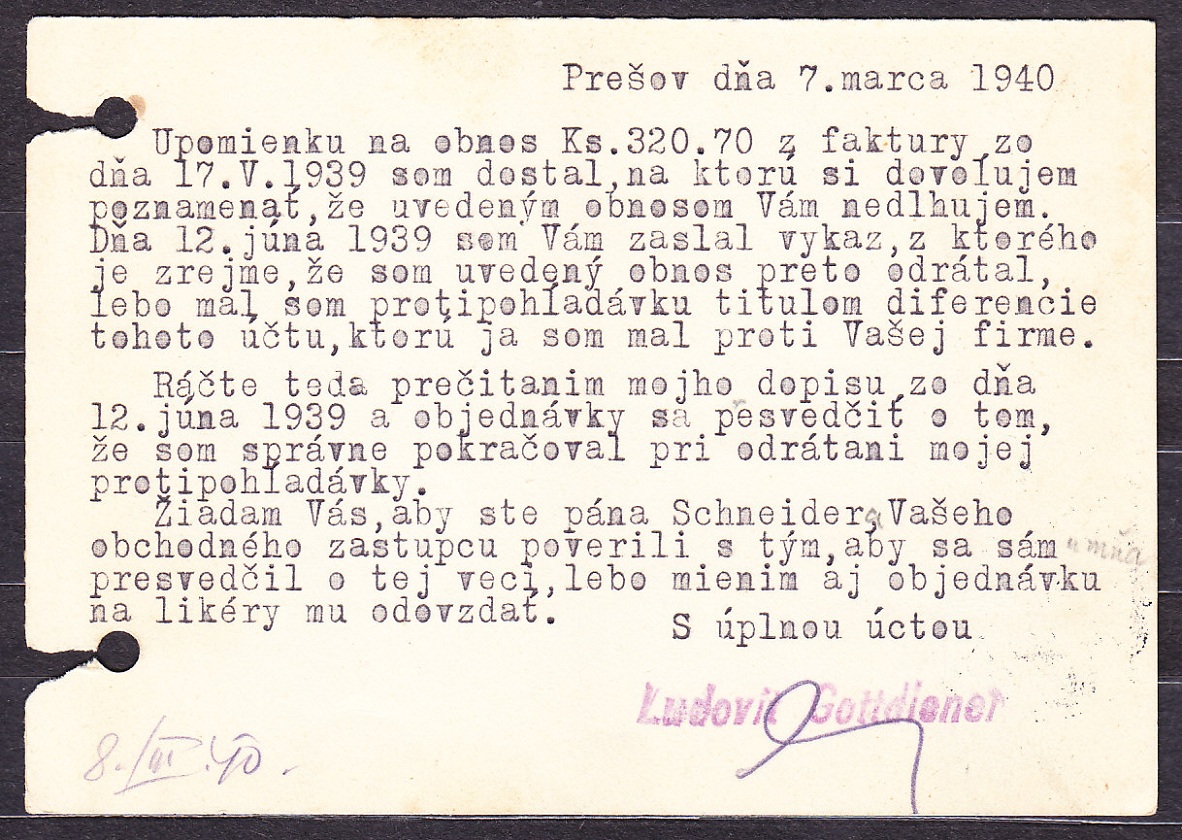 SLOVENSKÝ ŠTÁT 1940, poštový lístok. VEĽKOOBCHOD S TOKAJSKÝMI A TUZEMSKÝMI VÍNAMI, LUDEVÍT GOTTDIENER - PREŠOV.
