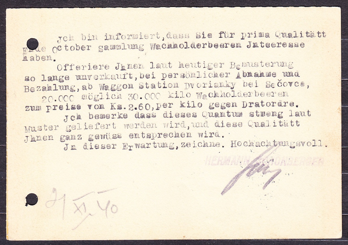 SLOVENSKÝ ŠTÁT 1940, poštový lístok. EXPORT DREVA, BYLINIEK A ČUČORIEDOK, HERMANN SCHONBERGER - PREŠOV.
