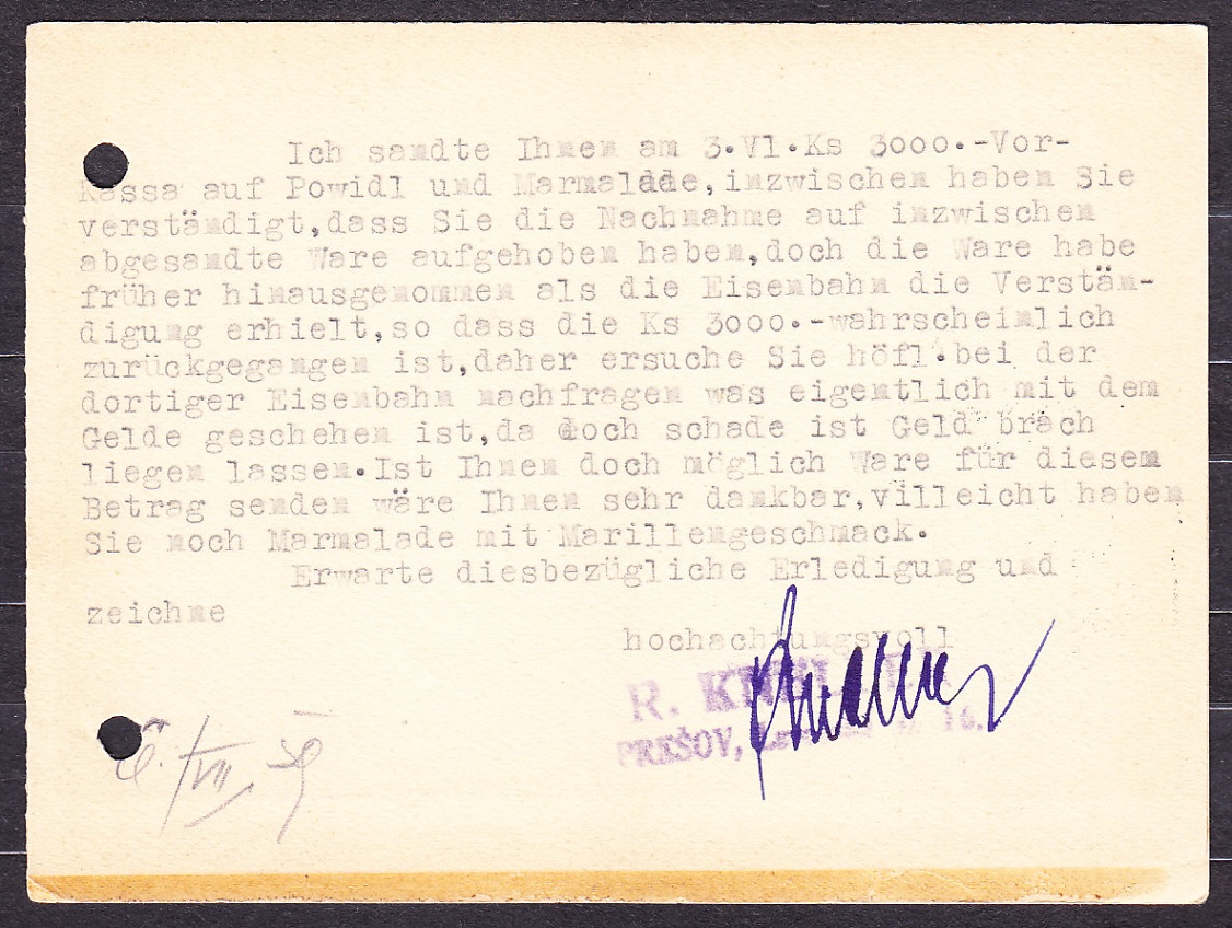 SLOVENSKÝ ŠTÁT 1939, poštový lístok. OBCHOD S MIEŠANÝM TOVAROM A PEKÁRŇA, R. KNELLER - PREŠOV.