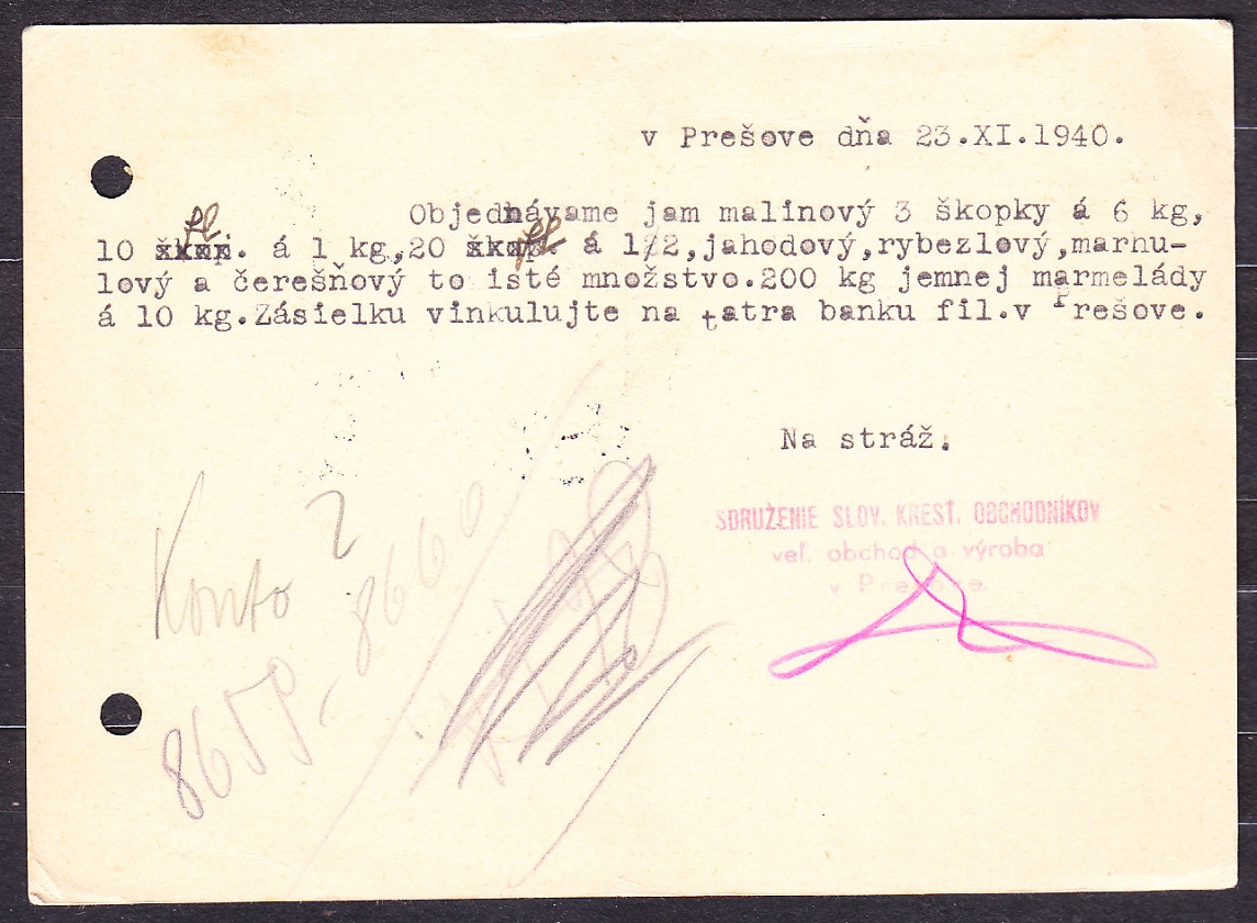 SLOVENSKÝ ŠTÁT 1940, poštový lístok. VEĽKOOBCHOD S MIEŠANÝM TOVAROM, SSKO - PREŠOV.