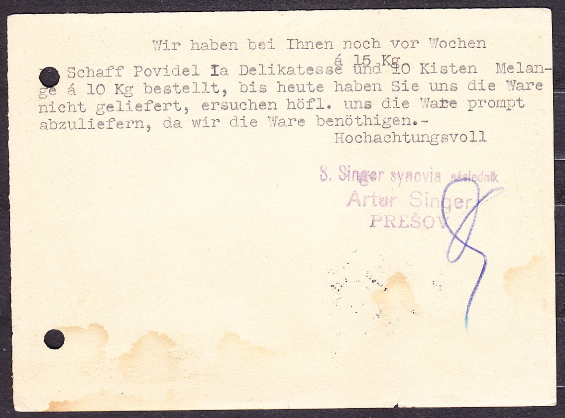 SLOVENSKÝ ŠTÁT 1940, poštový lístok. VEĽKOOBCHOD S KOLONIÁLNYM TOVAROM, ARTUR SINGER - PREŠOV.