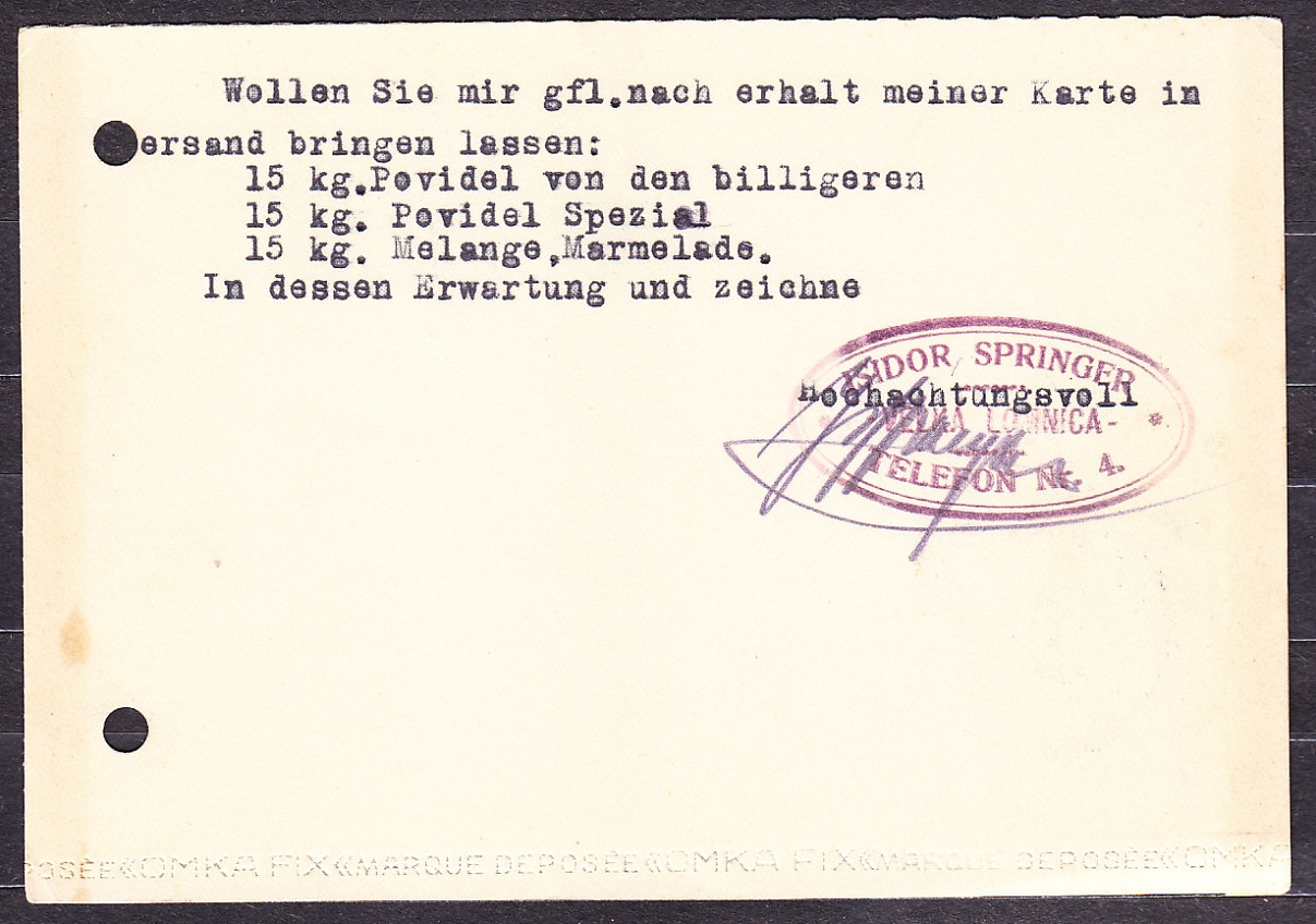 SLOVENSKÝ ŠTÁT 1940, poštový lístok. OBCHOD S MIEŠANÝM TOVAROM, ISIDOR SPRINGER - VEĽKÁ LOMNICA.