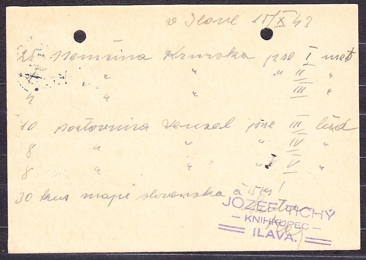 SLOVENSKÝ ŠTÁT 1943, poštový lístok. KNIHKUPEC, JOZEF TICHÝ - ILAVA.