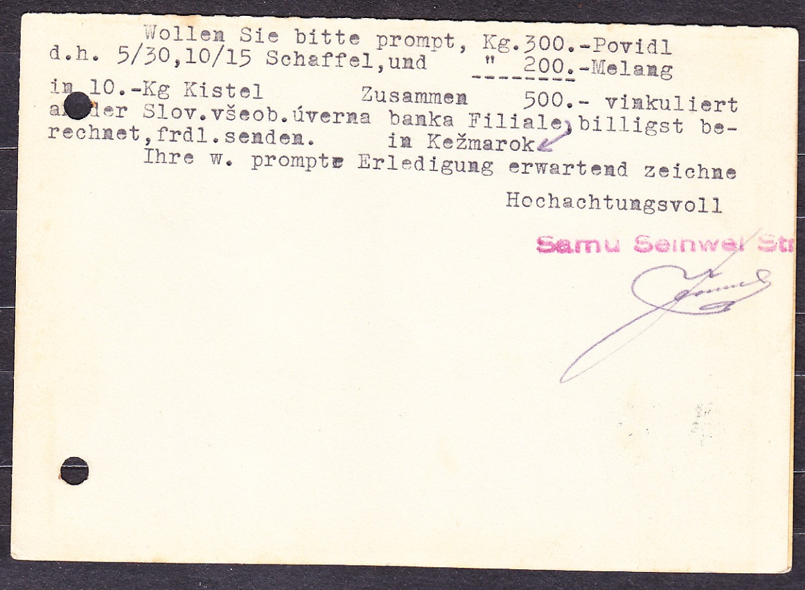 SLOVENSKÝ ŠTÁT 1940, poštový lístok. OBCHOD S MIEŠANÝM TOVAROM, SAMUEL SEINVEL - KEŽMAROK.
