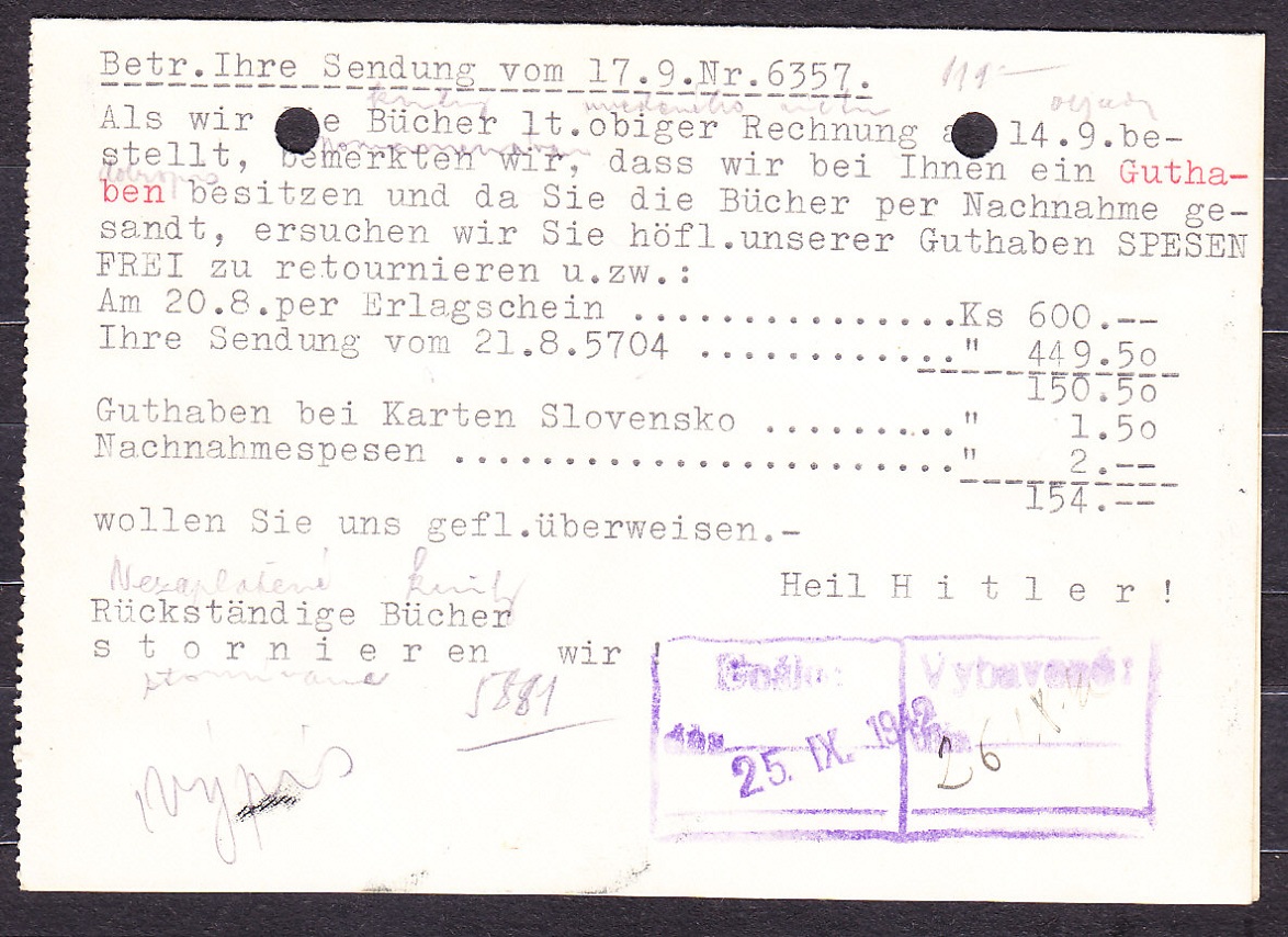 SLOVENSKÝ ŠTÁT 1942, poštový lístok. OBCHOD S KNIHAMI, PAPIEROM, PÍSACIE STROJE, N. REINER A SYN - KEŽMAROK.