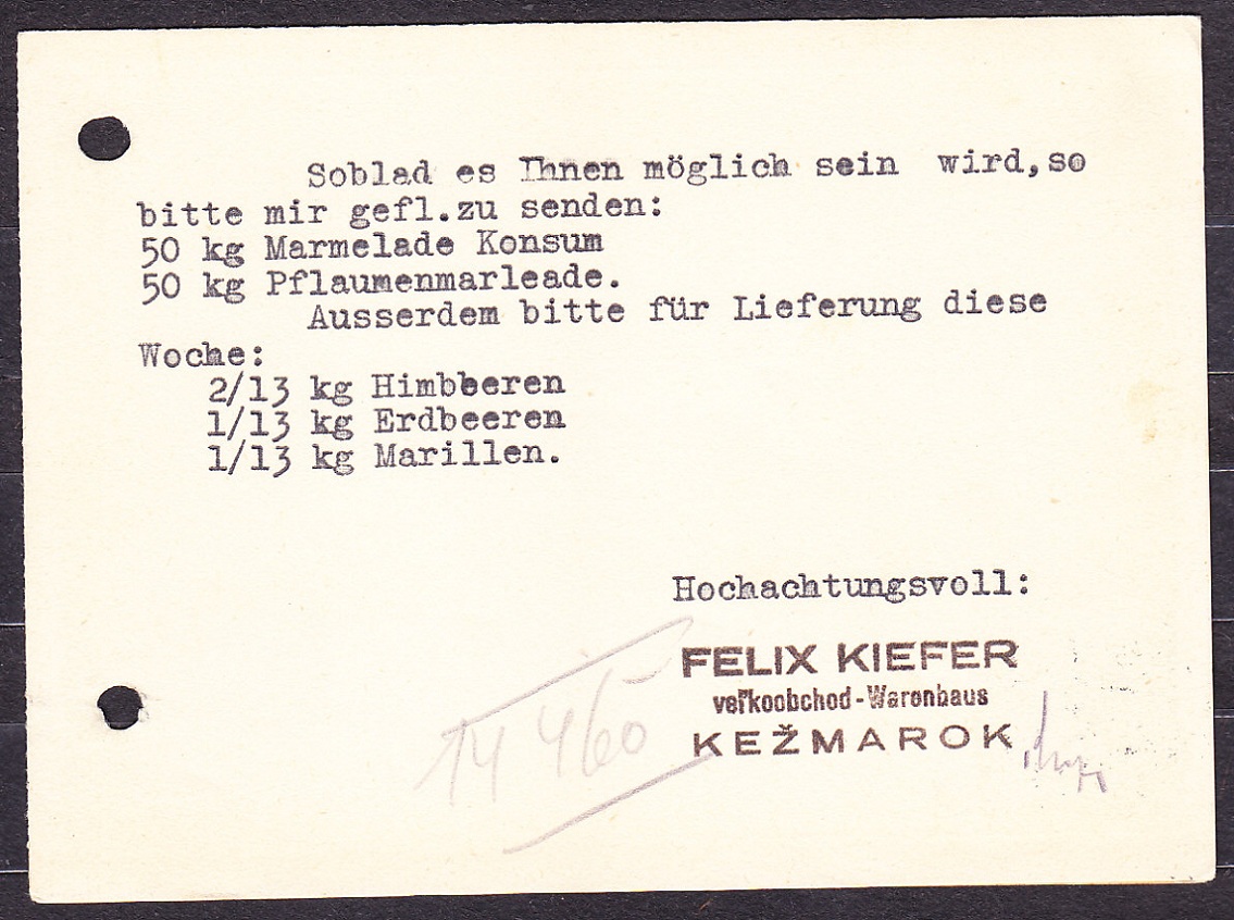 SLOVENSKÝ ŠTÁT 1939, poštový lístok. VEĽKOOBCHOD, FELIX KIEFER - KEŽMAROK.