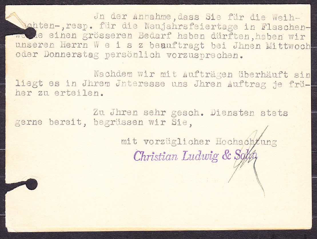 SLOVENSKÝ ŠTÁT 1939, poštový lístok. VEĽKOOBCHOD S VÍNOM, CHRISTIAN LUDWIG A SYN - BRATISLAVA.