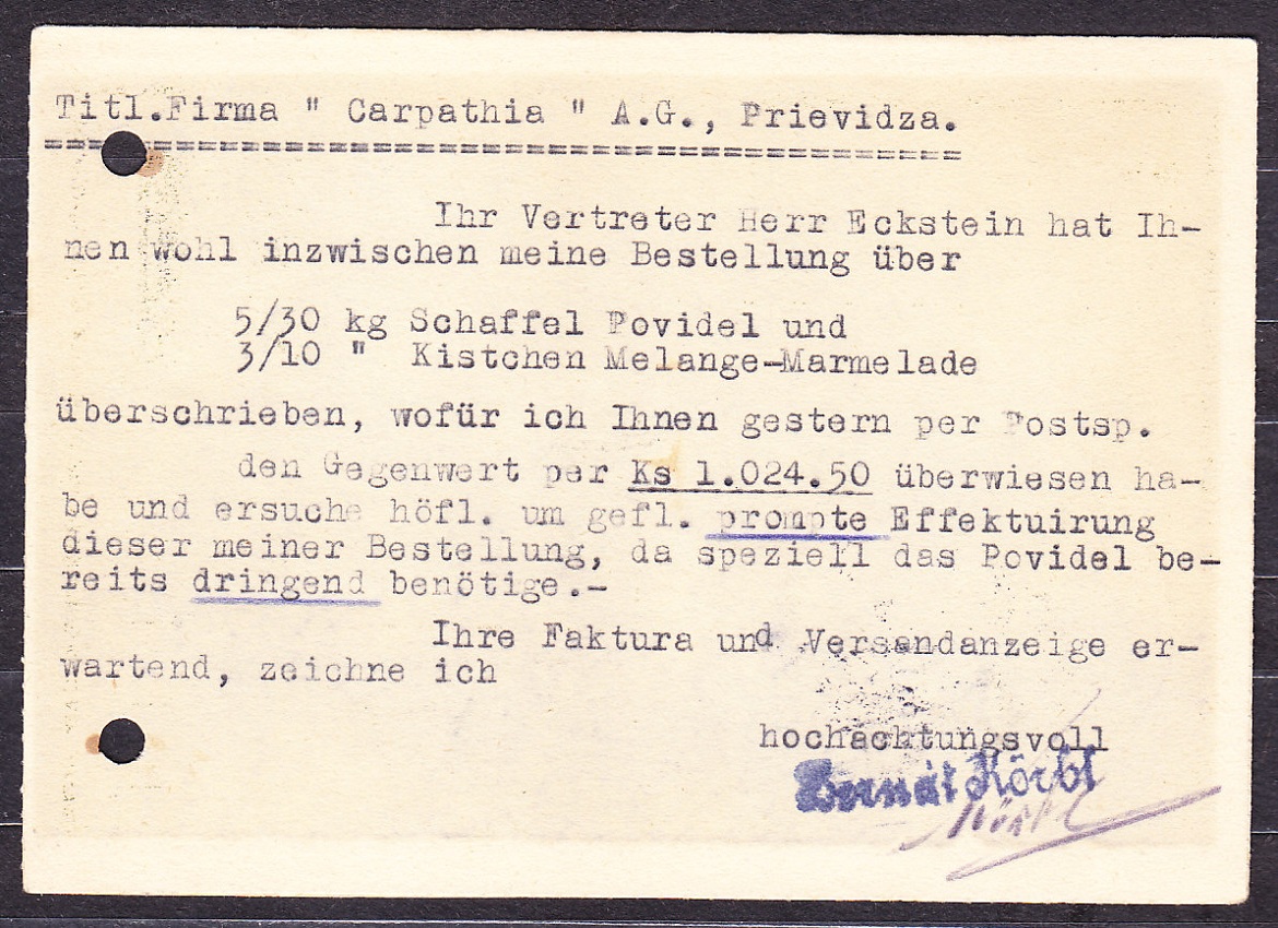SLOVENSKÝ ŠTÁT 1940, poštový lístok. OBCHOD S MIEŠANÝM TOVAROM, BERNÁT KORBL - BRATISLAVA.