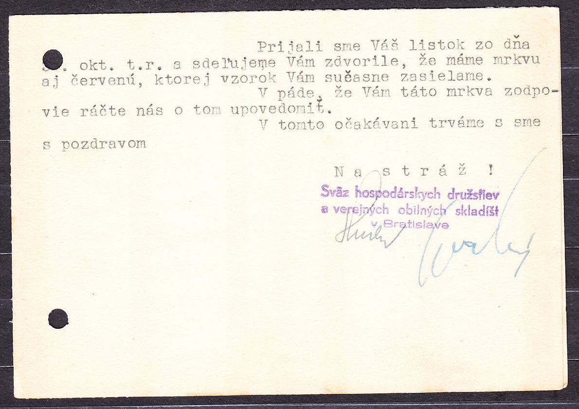 SLOVENSKÝ ŠTÁT 1940, poštový lístok. ZVAZ HOSPODÁRSKYCH DRUŽSTIEV A VEREJNÝCH OBILNÝCH SKLADÍŠŤ - BRATISLAVA.