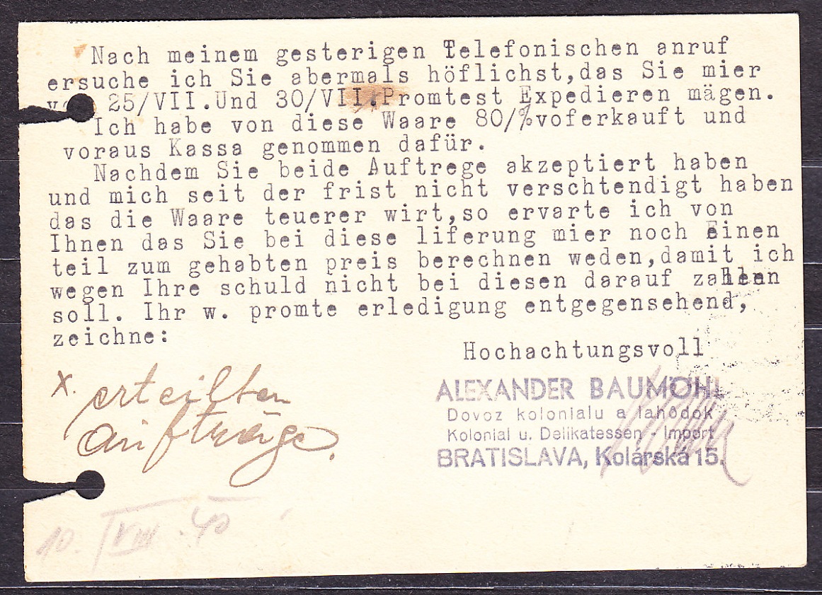 SLOVENSKÝ ŠTÁT 1940, poštový lístok. DOVOZ KOLONIÁLU A LAHODOK, ALEXANDER BAUMOHL - BRATISLAVA.