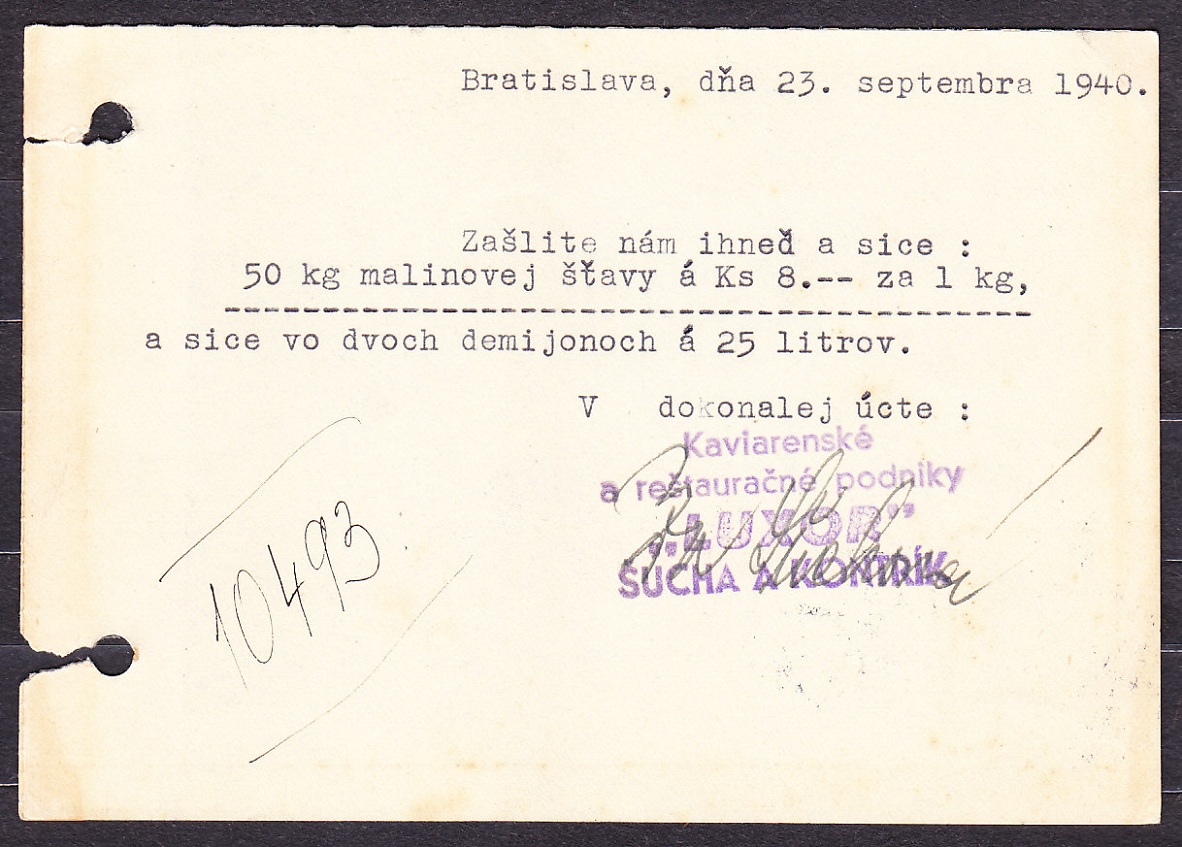 SLOVENSKÝ ŠTÁT 1940, poštový lístok. REŠTAURAČNÝ A KAVIARENSKÝ PODNIK LUXOR - BRATISLAVA.