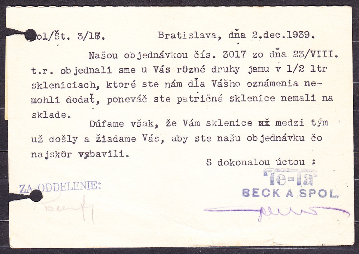 SLOVENSKÝ ŠTÁT 1939, poštový lístok. OBCHODNÝ DOM TETA, BECK A SPOL. - BRATISLAVA.