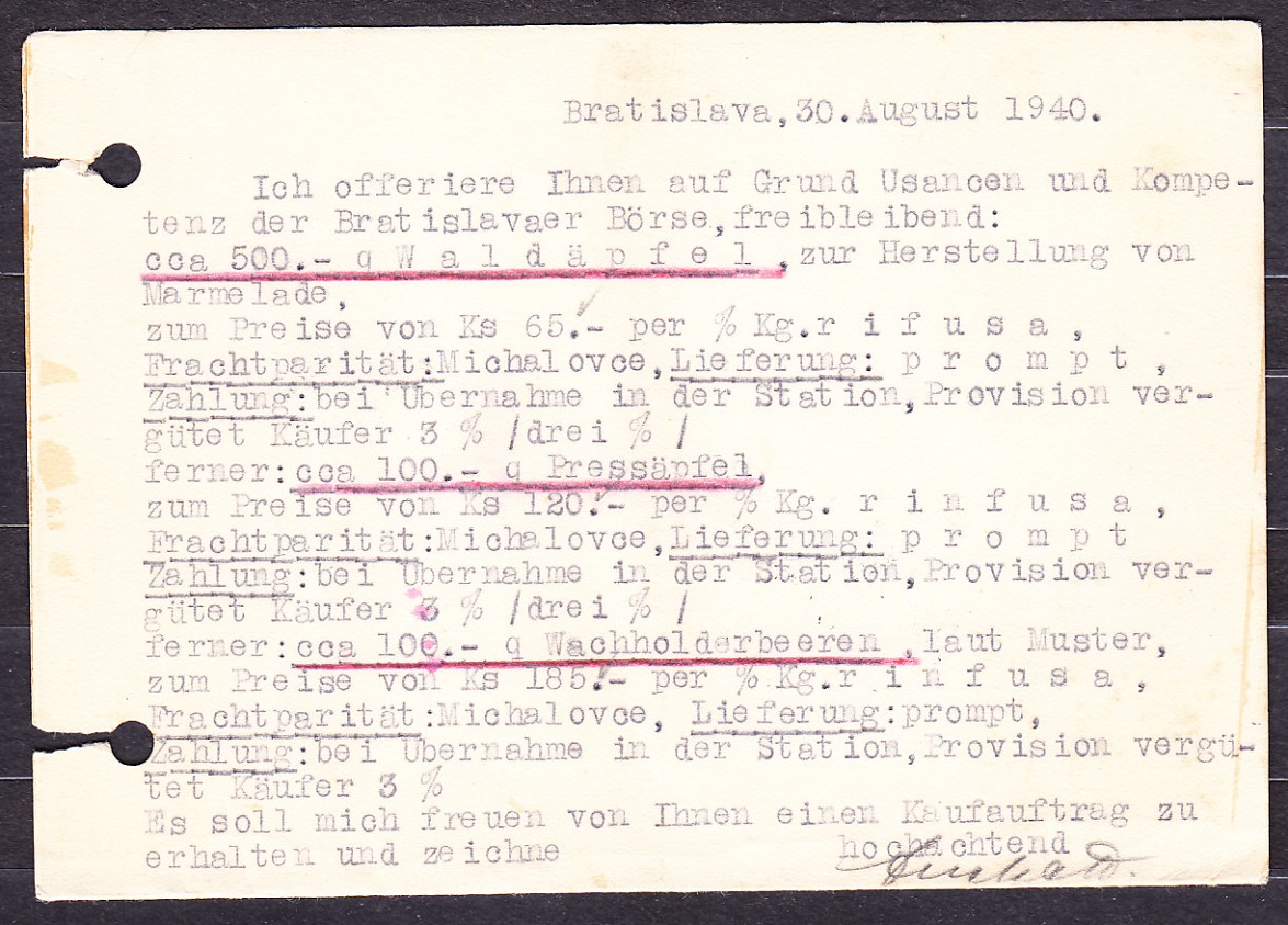 SLOVENSKÝ ŠTÁT 1940, poštový lístok. OBILIE, MÚKA, KRMIVO, DESIDER FUCHS - BRATISLAVA.