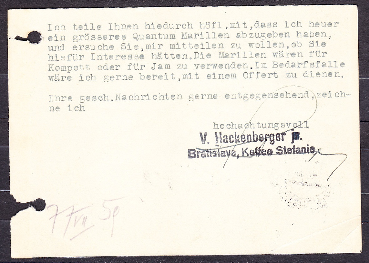SLOVENSKÝ ŠTÁT 1939, poštový lístok. KAVIAREŇ STEFANIA, A. HACKENBERGER - BRATISLAVA.