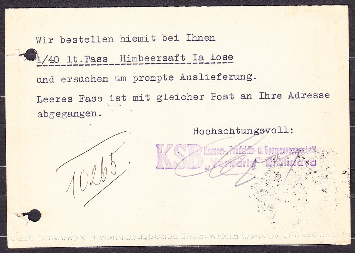 SLOVENSKÝ ŠTÁT 1940, poštový lístok. KSB - KONZUMNÉ, VÝROBNÉ A SPOTREBNÉ DRUŽSTVO - BRATISLAVA.