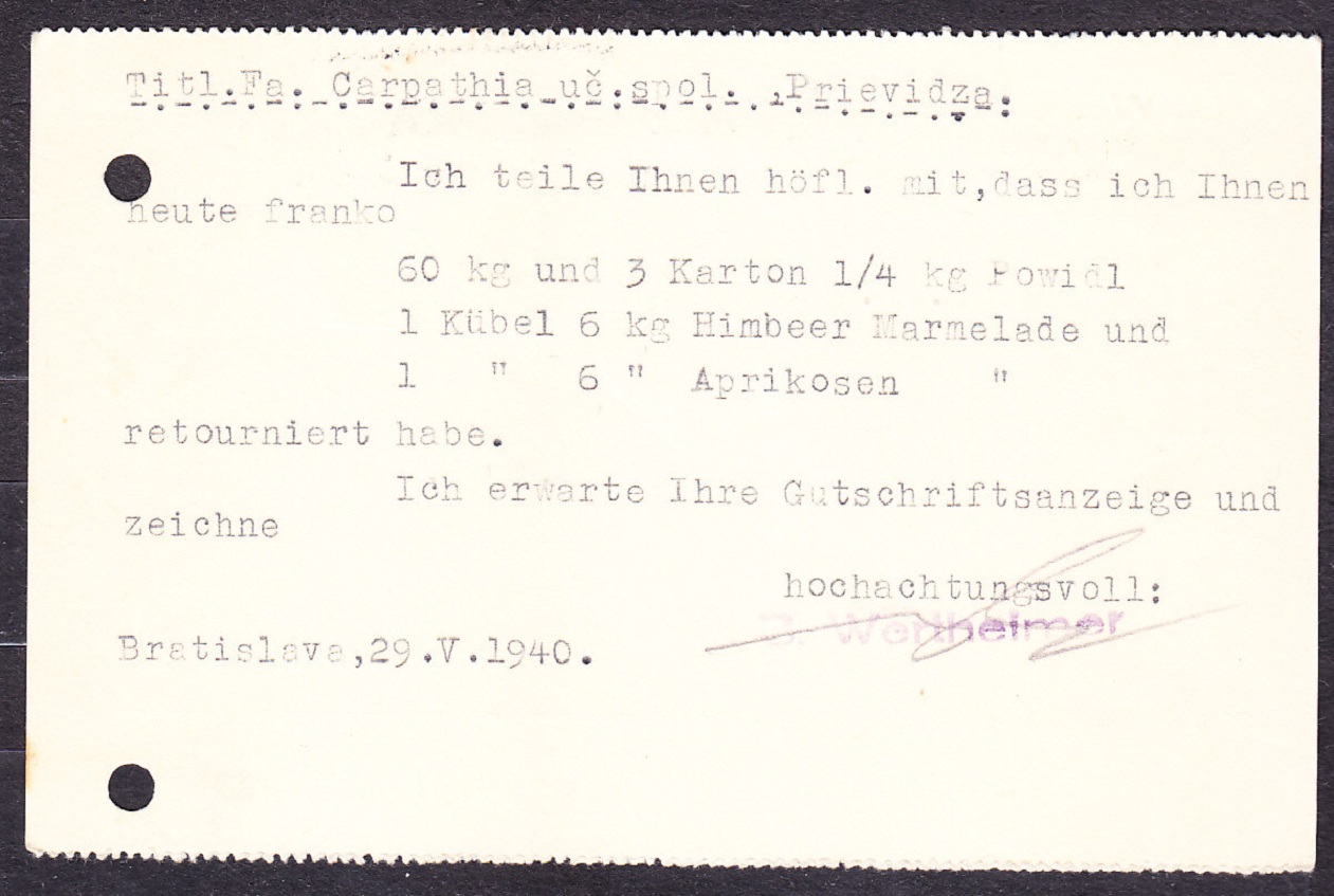 SLOVENSKÝ ŠTÁT 1940, poštový lístok. OBCHOD S MIEŠANÝM TOVAROM, B. WERTHEIMER - BRATISLAVA.