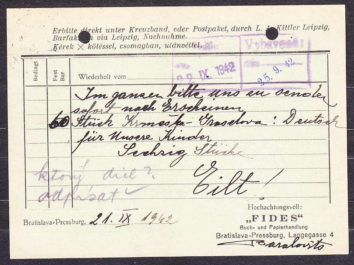 SLOVENSKÝ ŠTÁT 1942, poštový lístok. KNÍHKUPECTVO A PAPIERNICTVO FIDES - BRATISLAVA.