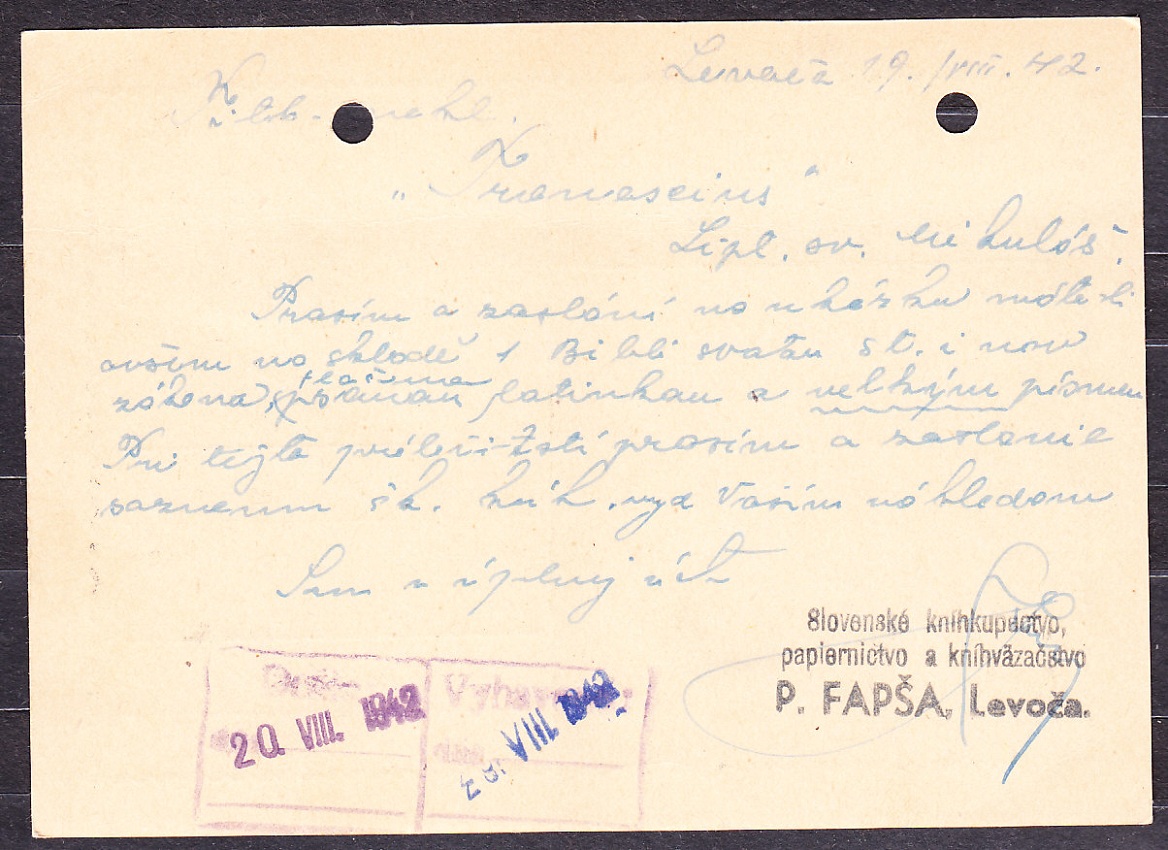 SLOVENSKÝ ŠTÁT 1942, poštový lístok. KNÍHKUPECTVO, PAPIERNICTVO A KNÍHVIAZAČSTVO, P. LAPŠA - LEVOČA.