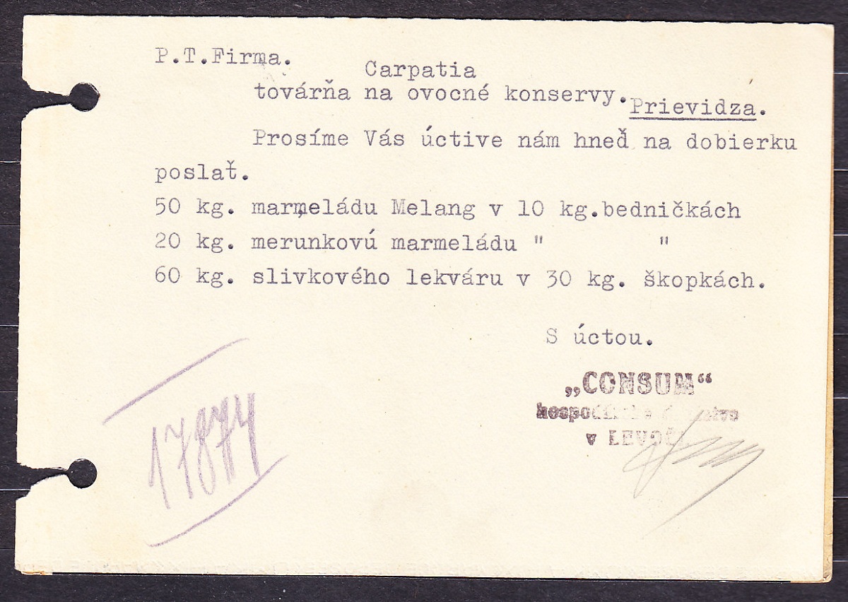 SLOVENSKÝ ŠTÁT 1940, poštový lístok.HOSPODÁRSKE DRUŽSTVO CONSUM - LEVOČA.