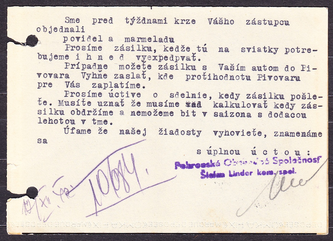 SLOVENSKÝ ŠTÁT 1940, poštový lístok. POHRONSKÁ OBCHODNÁ SPOLOČNOSŤ, ŠTEFAN LINDER KOM. SPOL. - ŽARNOVICA.