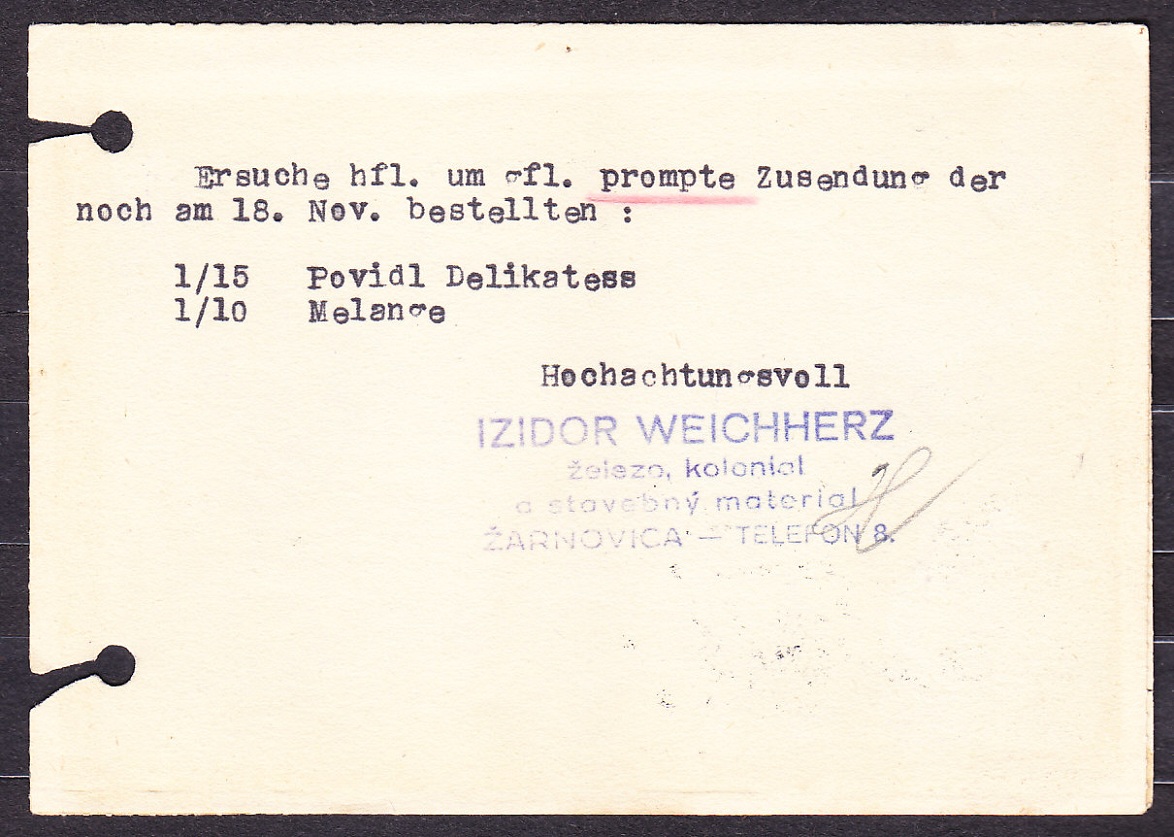 SLOVENSKÝ ŠTÁT 1940, poštový lístok. ŽELEZO, KOLONIÁLNY TOVAR A STAVEBNÝ MATERIÁL, IZIDOR WEICHHERZ - ŽARNOVICA.