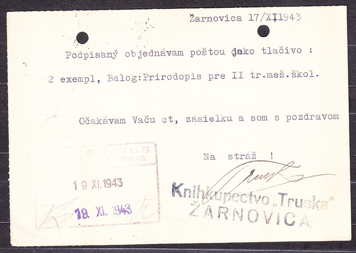 SLOVENSKÝ ŠTÁT 1943, poštový lístok. KNÍHKUPECTVO, VEĽKOOBCHOD SO ŠKOLSKÝMI A KANCELÁRSKYMI POTREBAMI, JÁN TRUSKA - ŽARNOVICA.