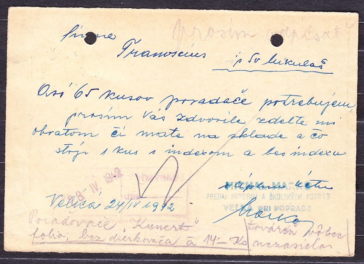 SLOVENSKÝ ŠTÁT 1942, poštový lístok. OBCHOD S PAPIEROM AŠKOLSKÝMI POTREBAMI, MICHAL MARKO - VEĽKÁ PRI POPRADE.