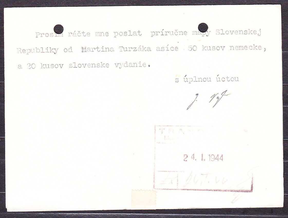 SLOVENSKÝ ŠTÁT 1944, poštový lístok. KNÍHKUPECTVO, PAPIERNICTVO, JOSEF VOJTEK - GELNICA.